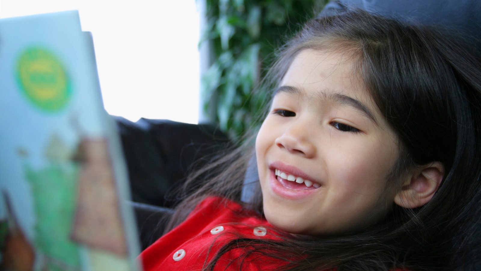 A smiling girl reading a picture book