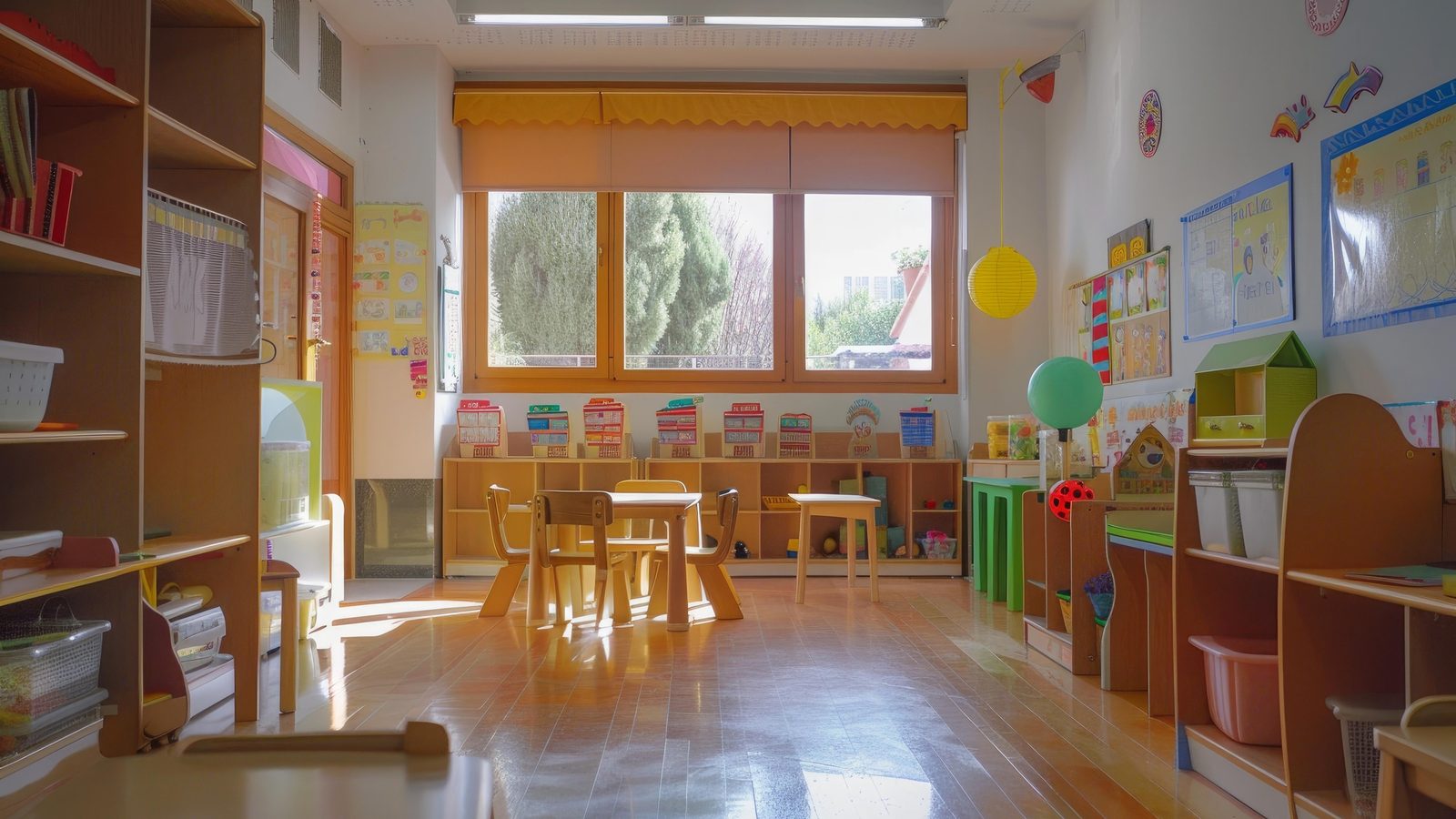 Empty classroom with wooden shelves and small chairs