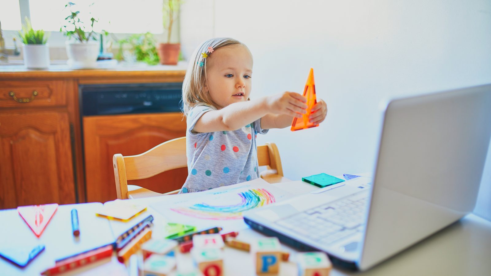 A toddler exploring a laptop