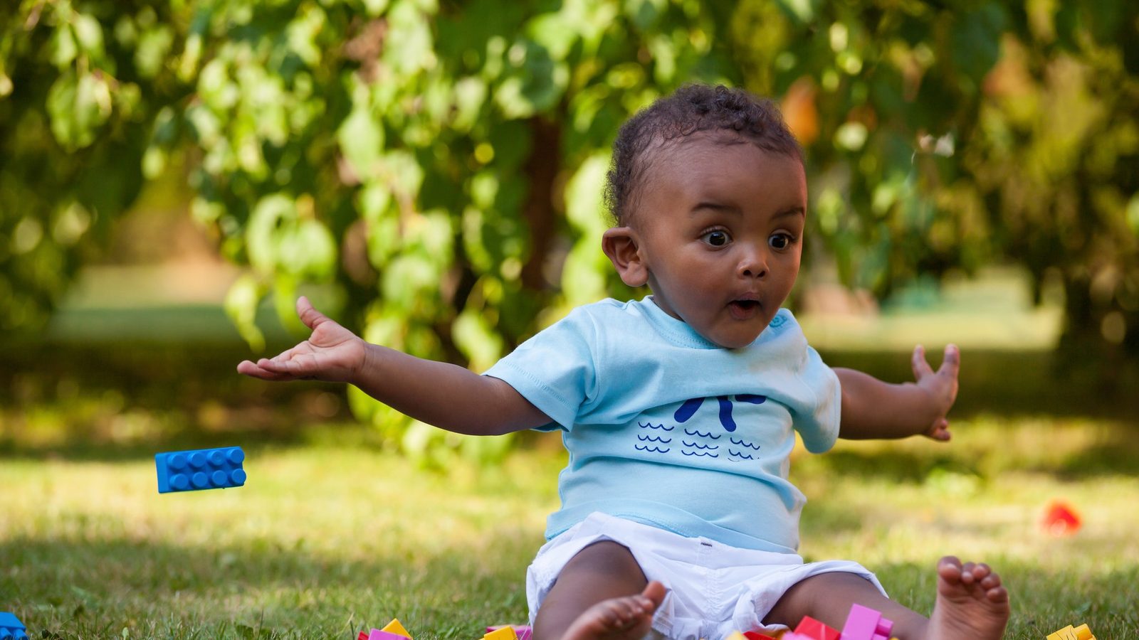 Toddler playing with toys on the grass