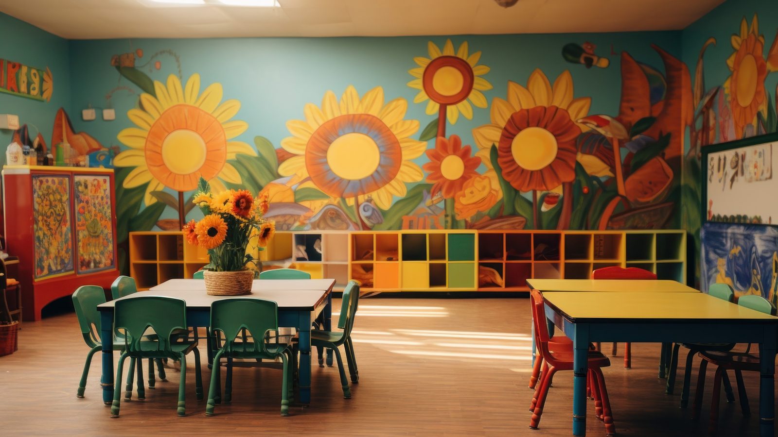 Empty classroom decorated with a sunflower mural