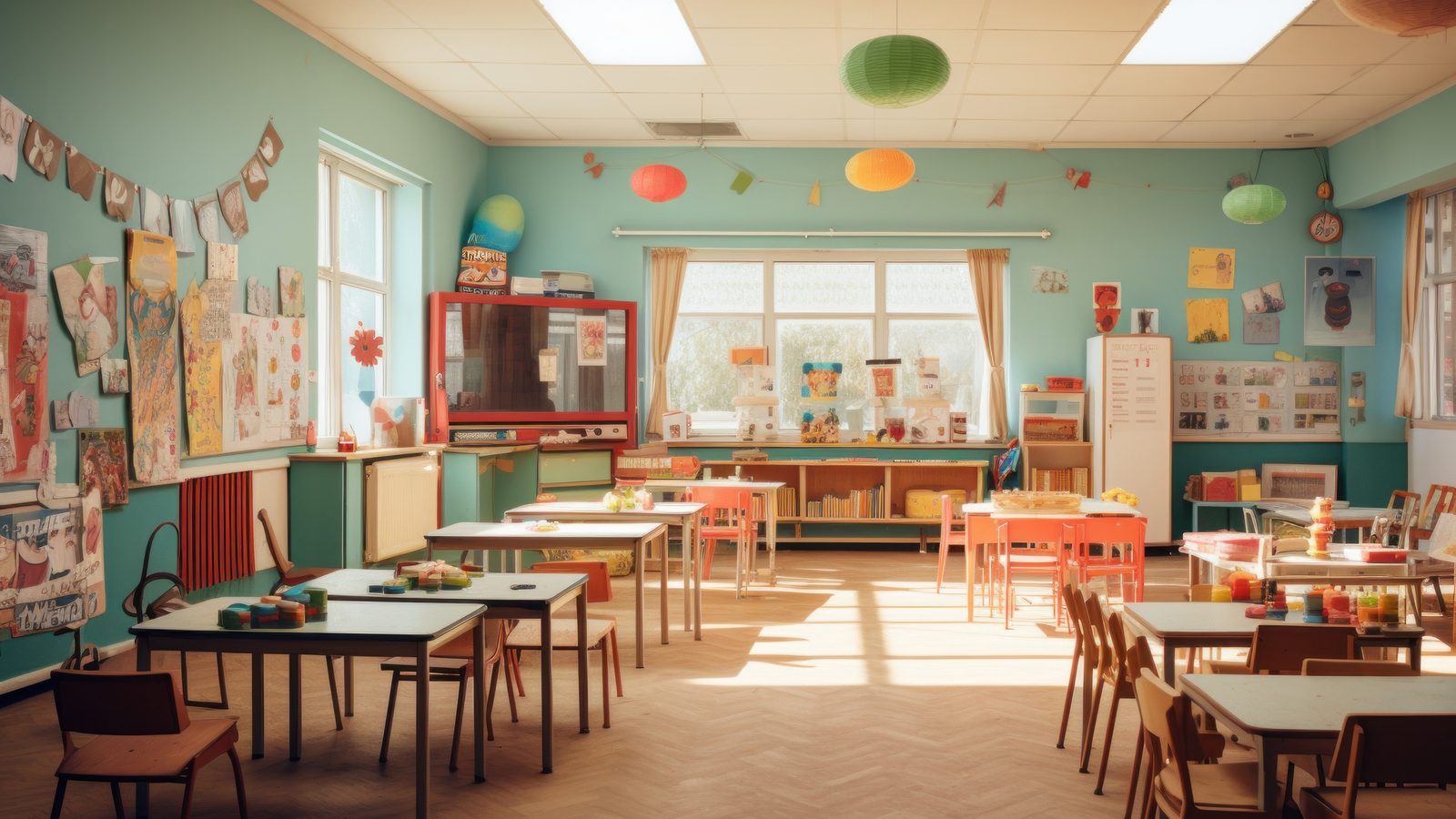 Empty classroom with wooden tables and large windows