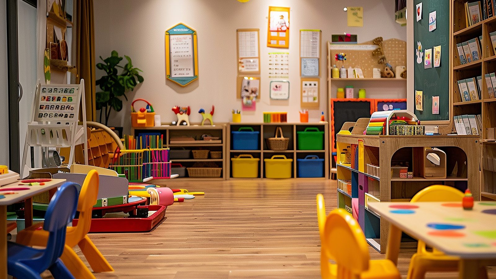 Empty preschool classroom with yellow chairs and learning corners