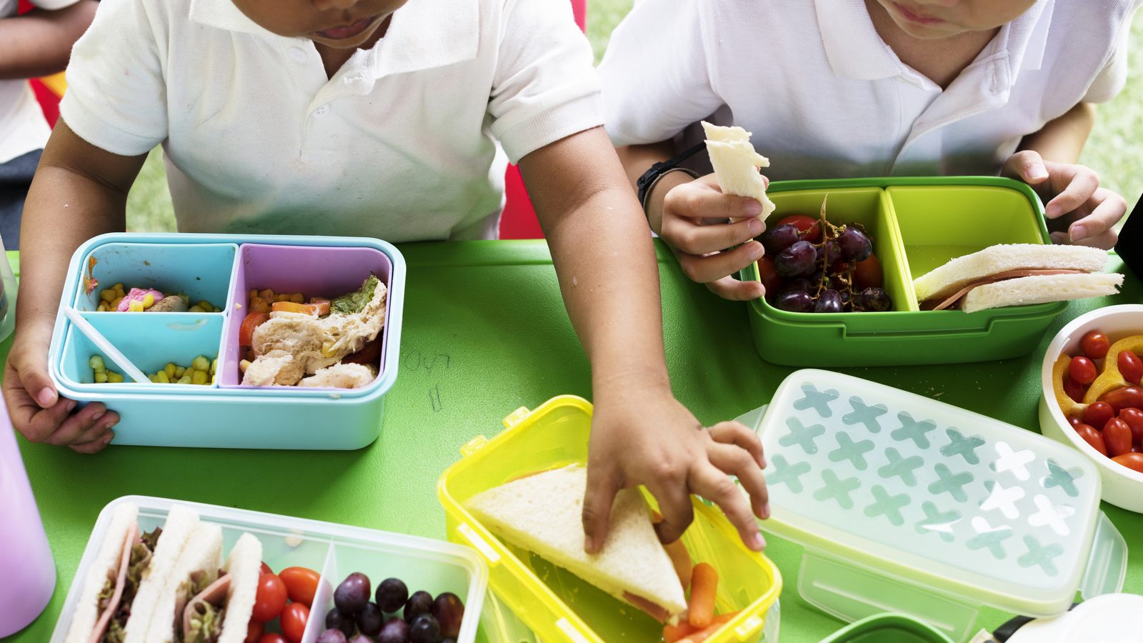 Hands opening lunch boxes on a table